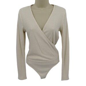 Express Women Small Ivory Ribbed V Neck Wrap Long Sleeve Bodysuit One Piece NEW